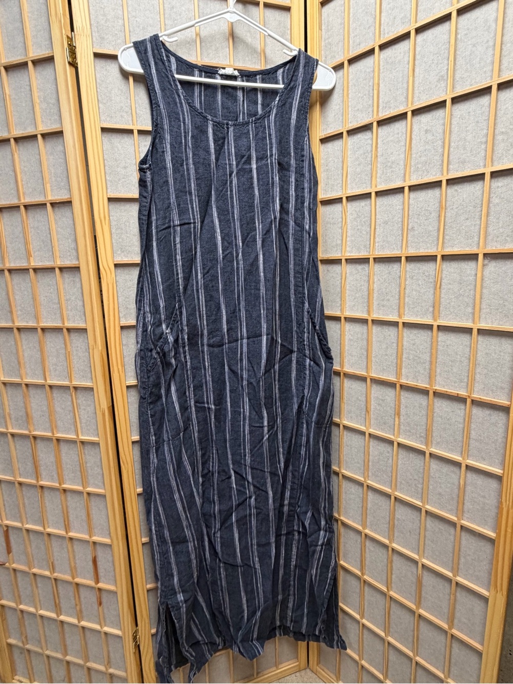 Garnet Hill Navy Blue and White Striped Sleeveless Maxi Dress